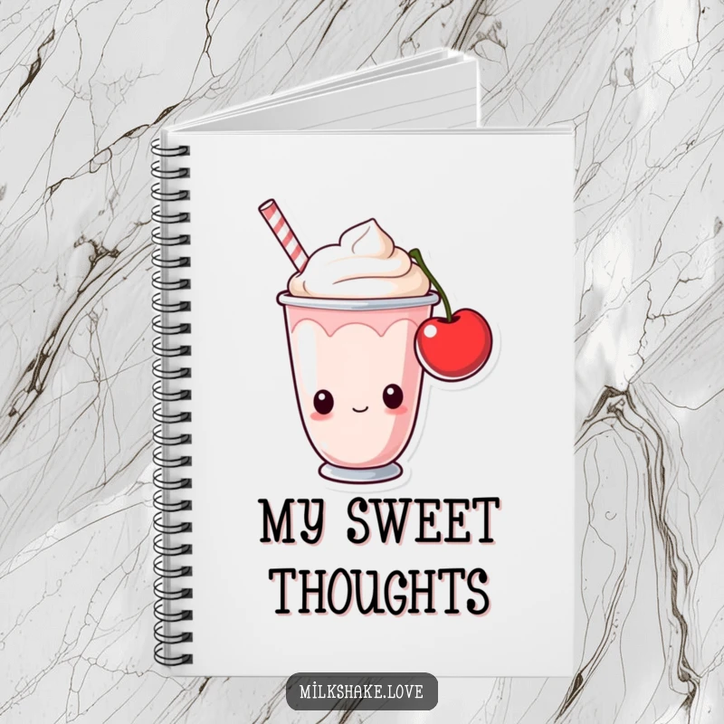 Funny milkshake cup with curious eyes looking at a cherry. Humorous notebook for sweet journaling and note-taking.