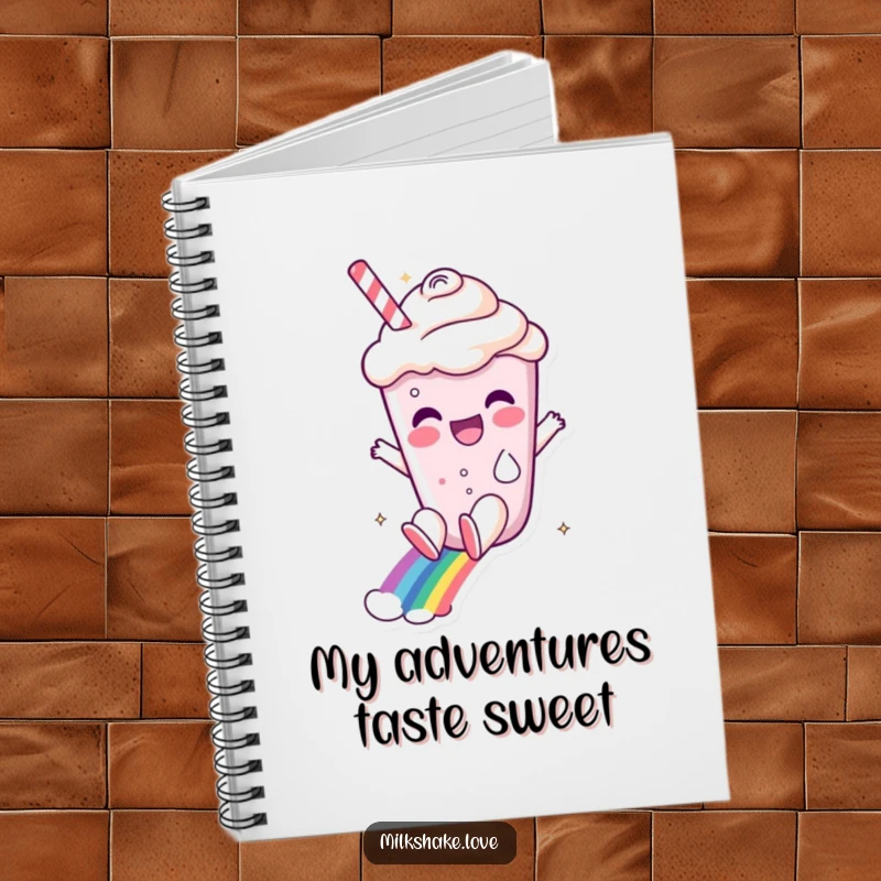 Funny milkshake character sliding down a rainbow, featured on the cover of a lined notebook for capturing sweet thoughts.