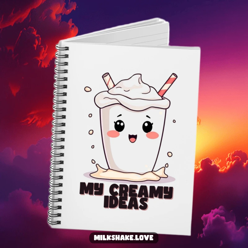 Funny kawaii milkshake character playfully splashing its contents, on the cover of a lined notebook, a funny stationary gift.