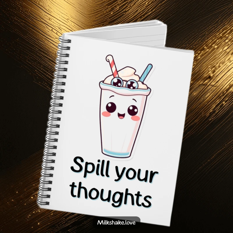 Funny anthropomorphic milkshake with silly eyes in a comical tipping pose, a humorous design for a notebook cover.