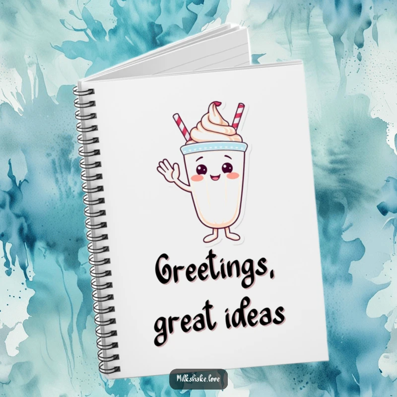 Funny notebook with a milkshake character waving hello, ready to jot down friendly thoughts.