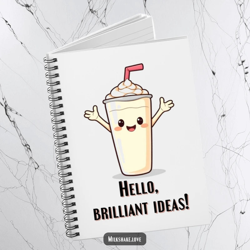 Funny notebook with a friendly milkshake offering a wave, ideal for jotting down ideas and happy thoughts.