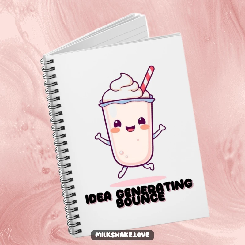 Funny Kawaii Milkshake character in a happy bounce pose on the cover of a fun notebook.