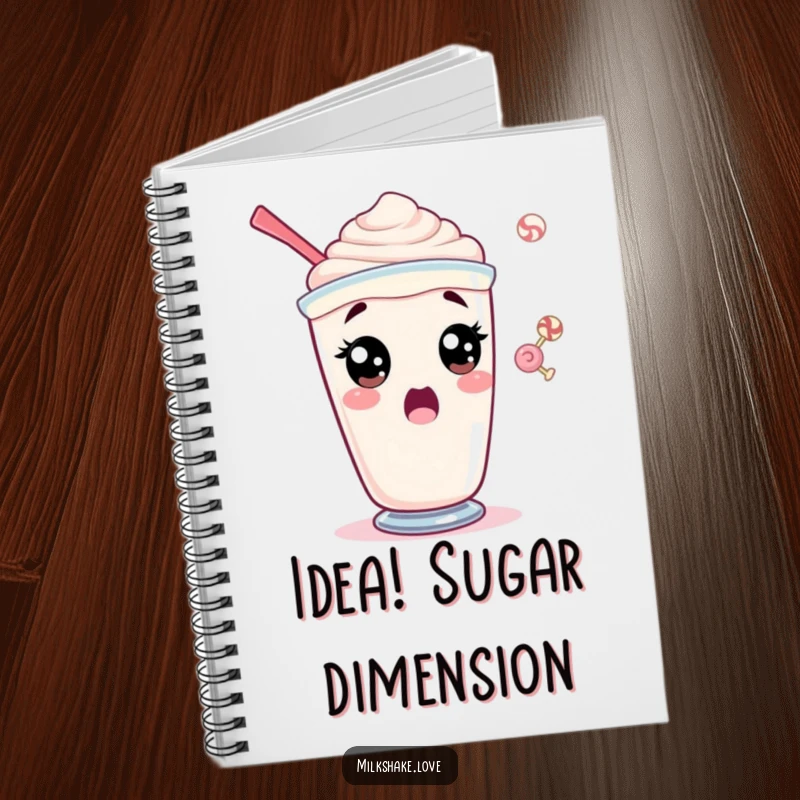 Funny notebook with a surprised milkshake character with wide eyes, ready to jot down shocking ideas.