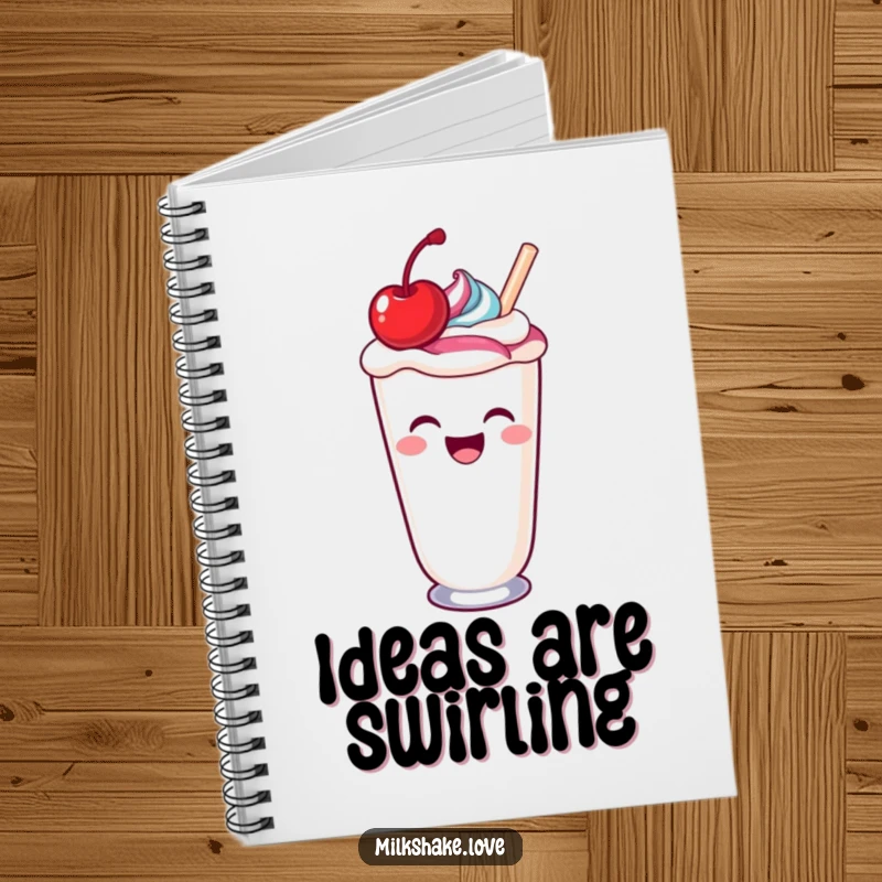 Funny laughing kawaii milkshake spilling a colorful swirl, a funny notebook for sweet thoughts.