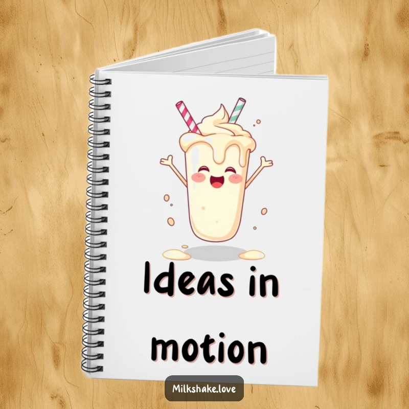 Funny joyful milkshake design on a notebook cover, spinning with happiness, a great funny gift.