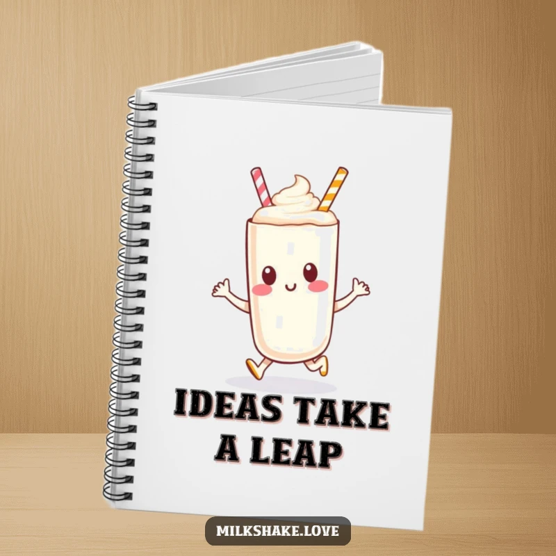 Funny anthropomorphic milkshake character in a happy hop on the cover of a lined notebook for jotting down energetic thoughts.