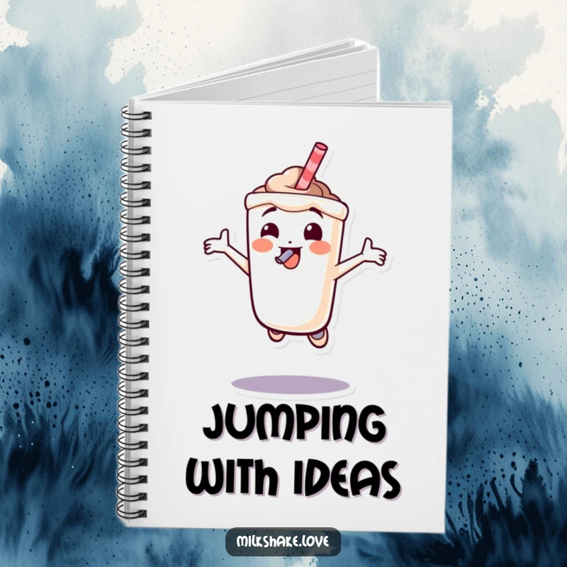 Funny milkshake character joyfully jumping with a straw in its mouth, a dynamic and humorous design for a notebook cover.