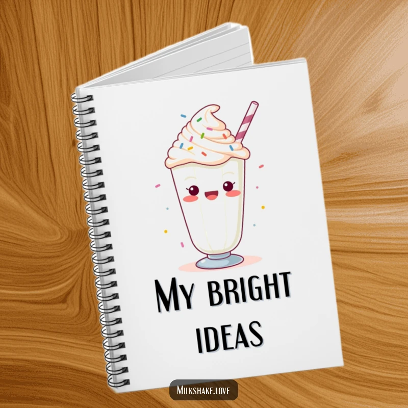 Funny Kawaii milkshake with whipped cream and sprinkles, cheering, inside a notebook for jotting down cheerful and celebratory ideas.