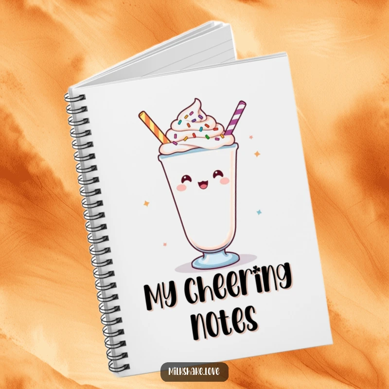 Funny Kawaii milkshake notebook, a design of a cheering beverage with toppings, ideal for jotting down inspired thoughts.