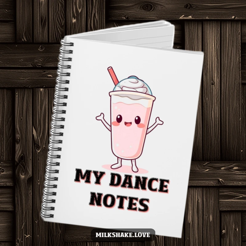 Funny Notebook showcasing a cute Kawaii milkshake character doing a silly dance with its lid, ideal for note-taking.