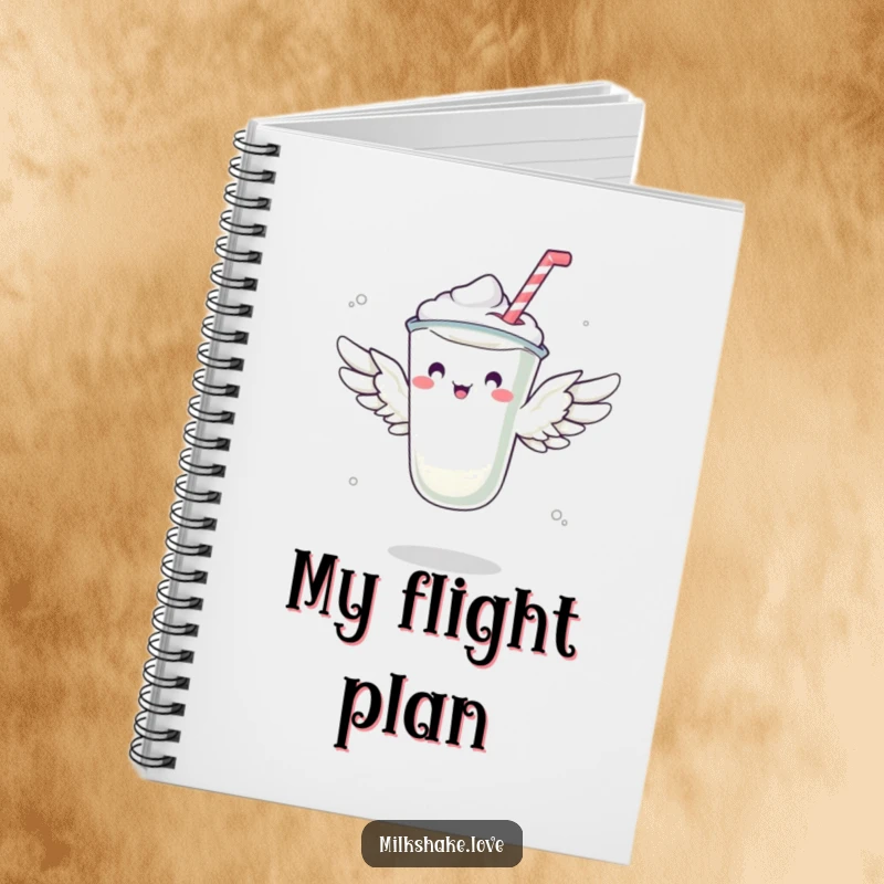 Funny notebook with a milkshake with small wings attempting to fly, perfect for jotting down humorous thoughts and ideas.