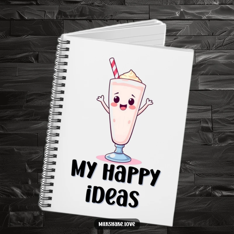 Funny Kawaii milkshake in a tall glass, doing a happy dance, inside a notebook for jotting down cheerful ideas.