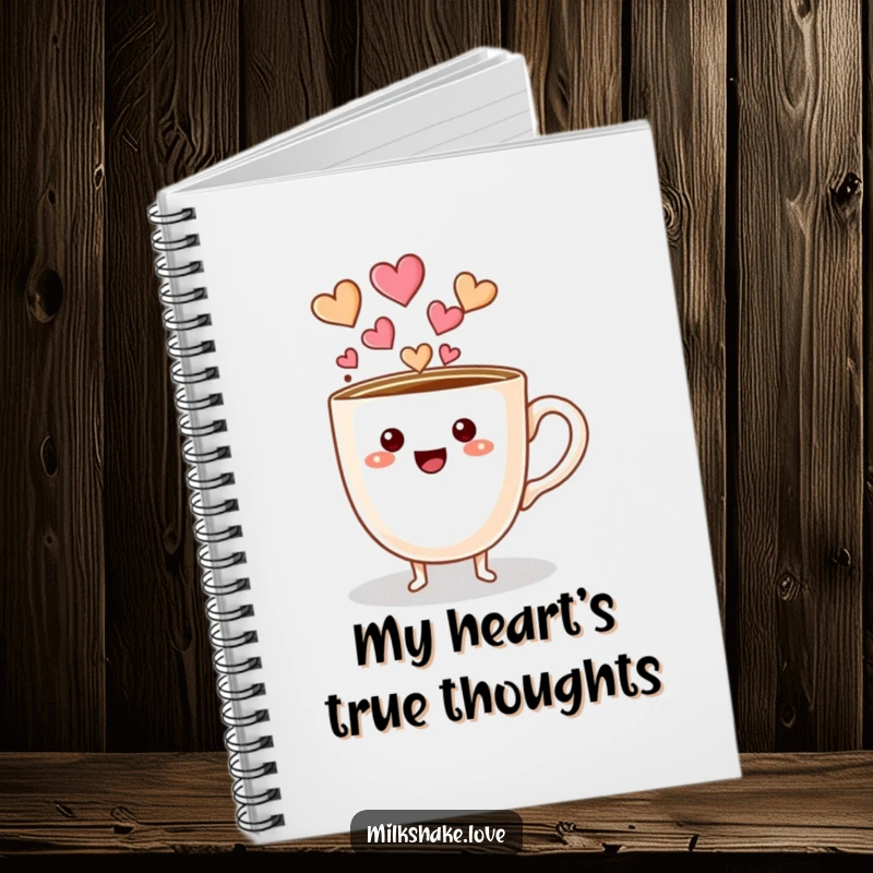 Funny coffee cup character with tiny feet pouring hearts on a notebook cover, ideal for journaling love.