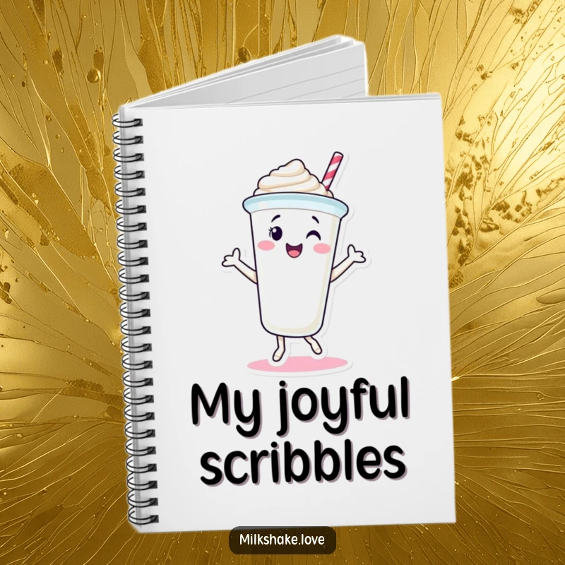 Funny Milkshake Cup Notebook with a smiling milkshake character dancing joyfully. Ideal for notes, doodles, and sweet inspiration.