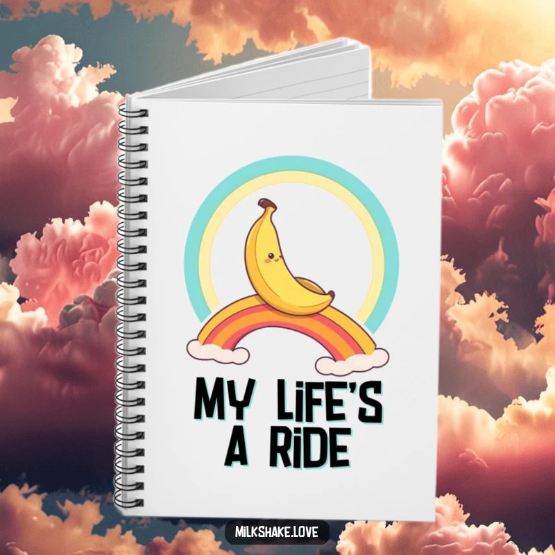 Funny banana character sliding down a rainbow, a humorous notebook for jotting down creative thoughts.