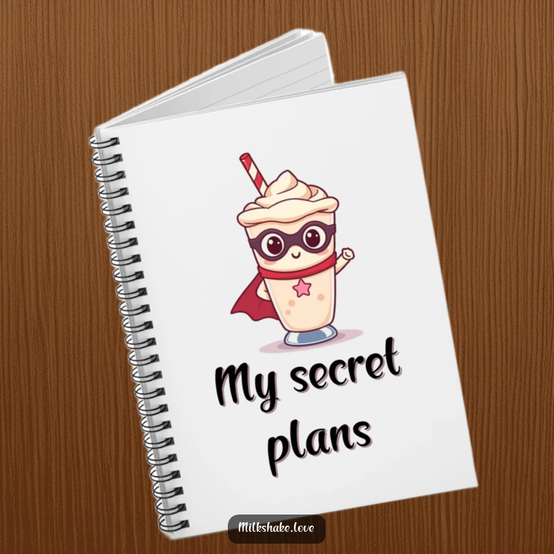 Funny Kawaii milkshake superhero character on a notebook cover, inspiring creative and heroic thoughts.