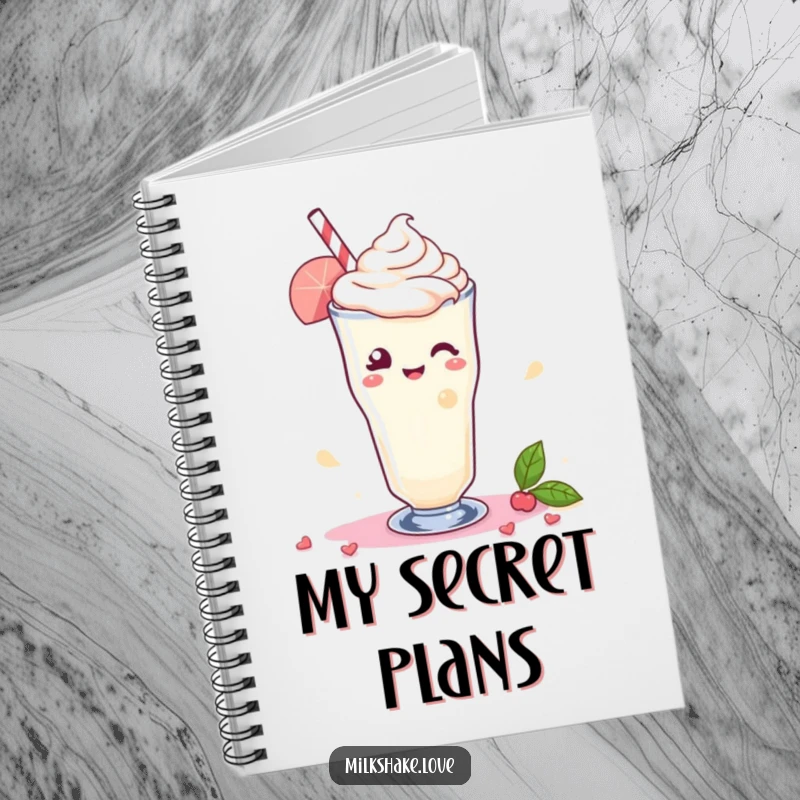 Funny Notebook with a cover featuring a Kawaii milkshake winking playfully, with a colorful swirl of delight for a charming touch.