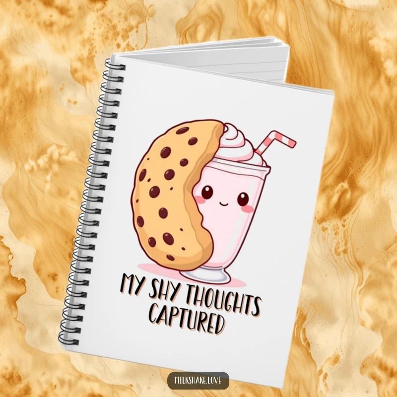 Funny kawaii milkshake notebook featuring a shy milkshake peeking from behind a giant cookie, perfect for jotting down sweet thoughts.