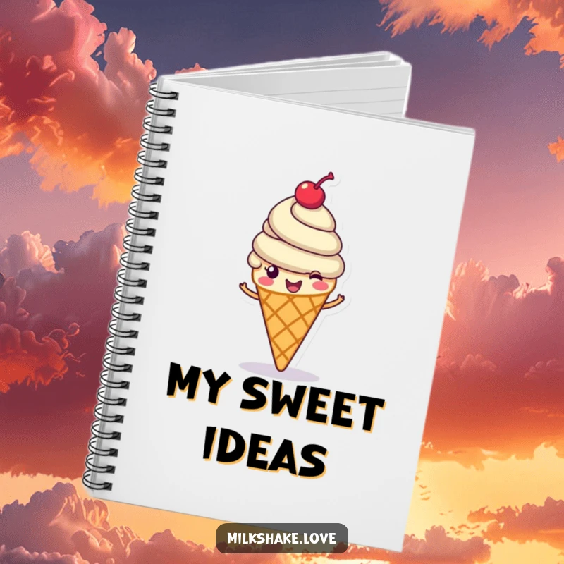 Funny ice cream cone notebook, a cheerful ice cream cone with a cherry on top spinning happily, journal funny gift.