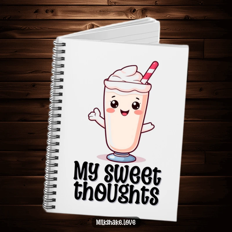 Kawaii milkshake character offering a sweet smile, featured on a notebook for jotting down thoughts and ideas.
