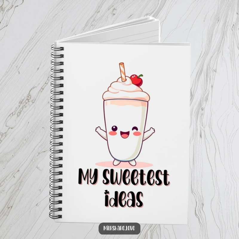 Funny Notebook showcasing a cute Kawaii milkshake character happily wearing a small cherry hat, ideal for note-taking.