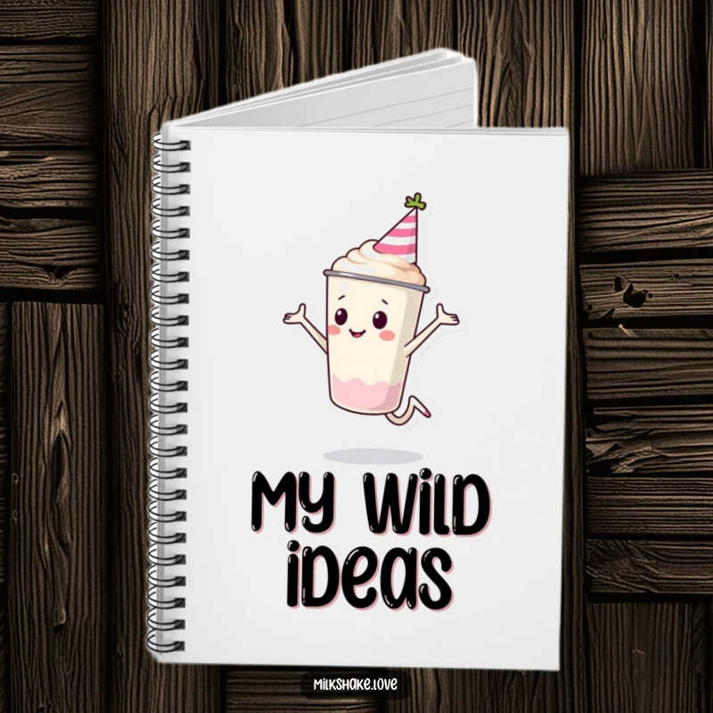 Funny Milkshake Cup Notebook with a milkshake character in a party hat doing a cartwheel. Ideal for notes, plans, and party ideas.