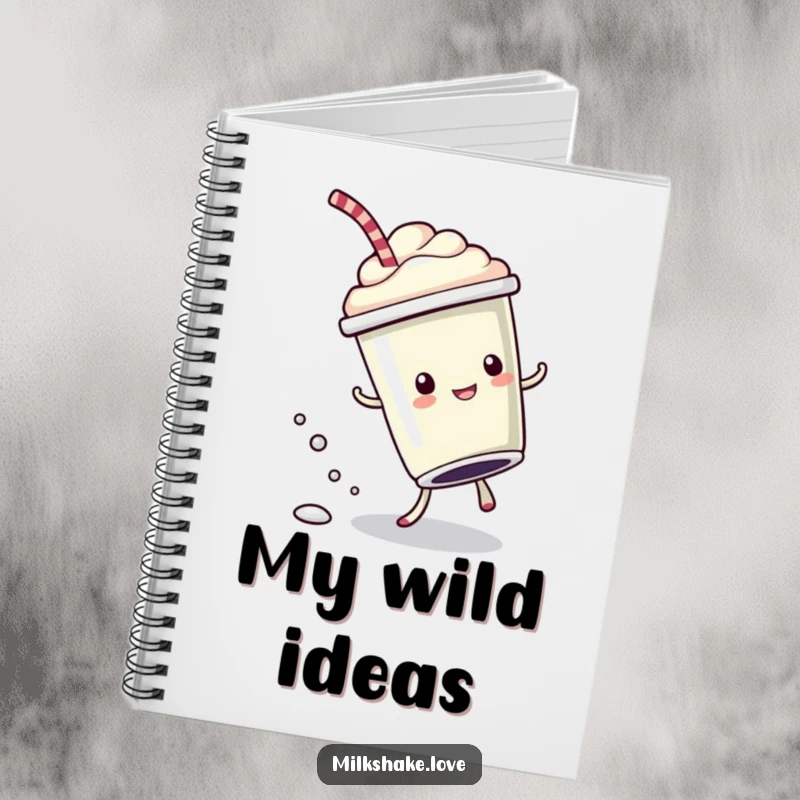 Funny Notebook with a kawaii milkshake cup in a cartwheel pose with bubbly drops, perfect for jotting down ideas with fun.
