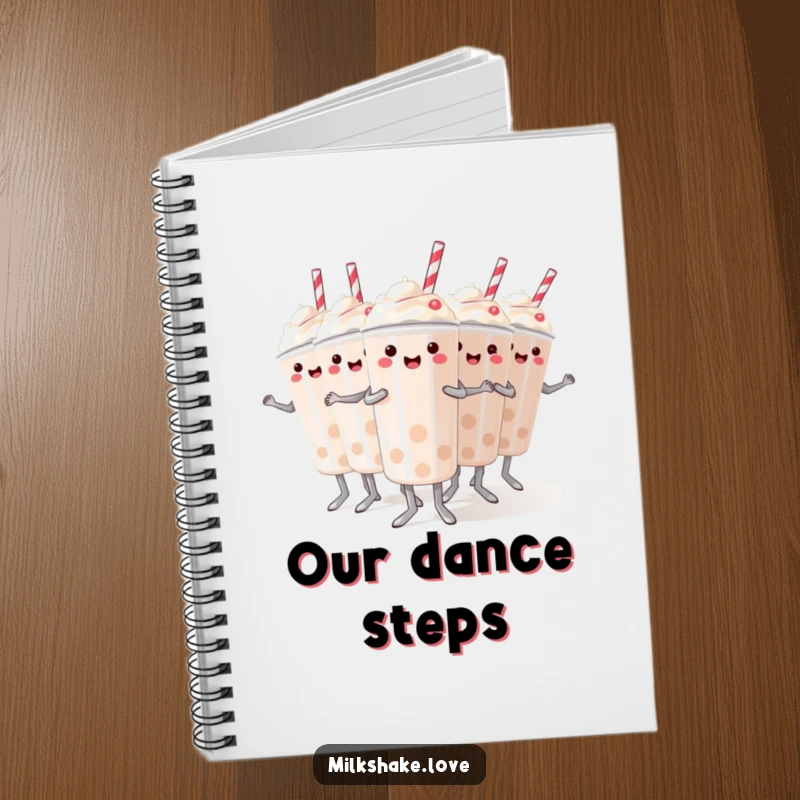 Funny notebook with mini milkshakes performing a synchronized dance, great for note-taking with a humorous dessert theme.