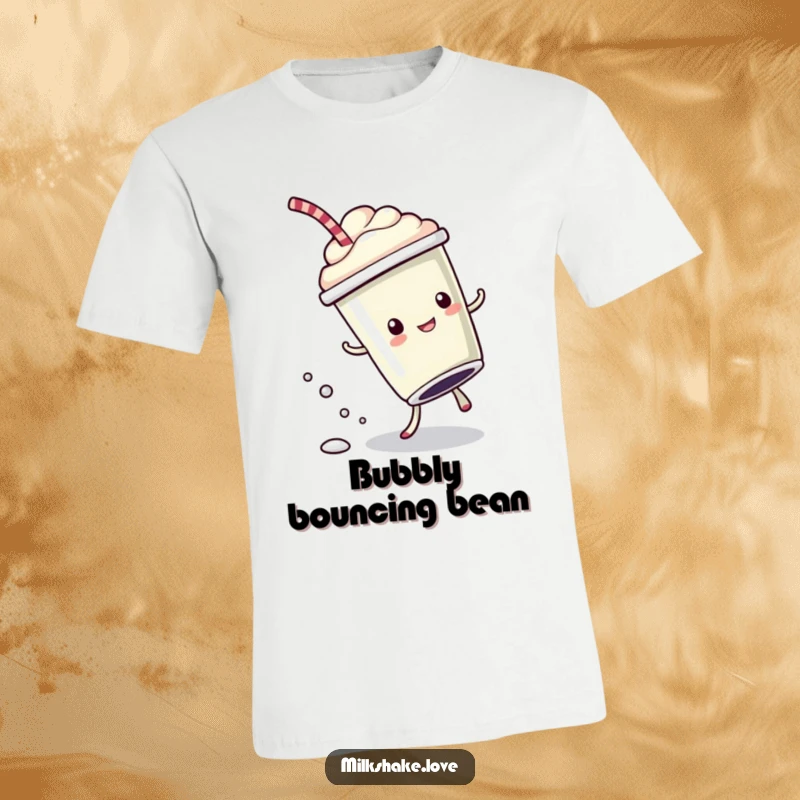 Funny T-Shirt depicting a kawaii milkshake cup doing a cartwheel, with bubbly drops trailing behind, showcasing energetic fun.