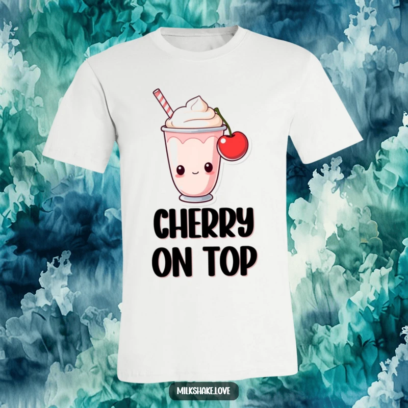 Funny milkshake cup with curious eyes looking at a juicy cherry. A humorous t-shirt for foodies and dessert lovers.