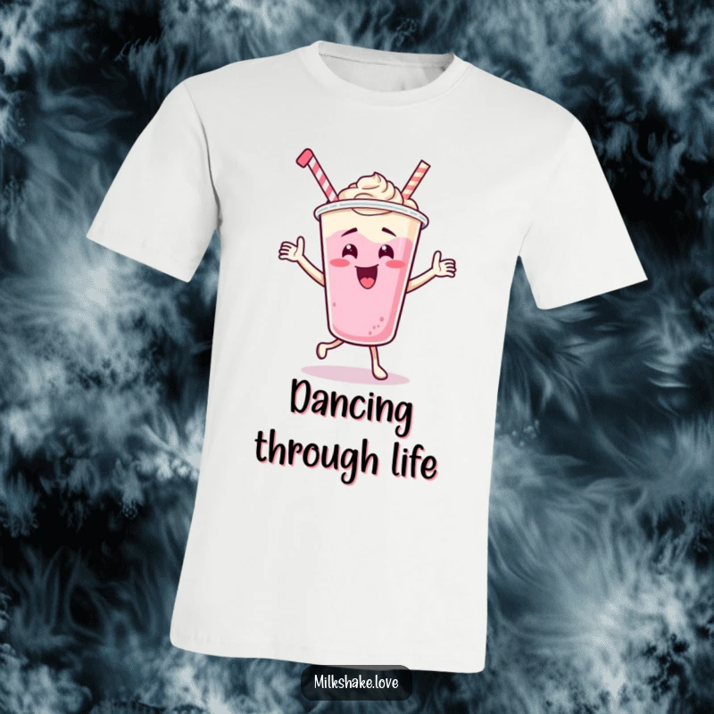 Funny Dancing Milkshake Cup T-Shirt, a cartoon character in a wild, energetic dance, exuding silliness and fun, great for dance lovers.