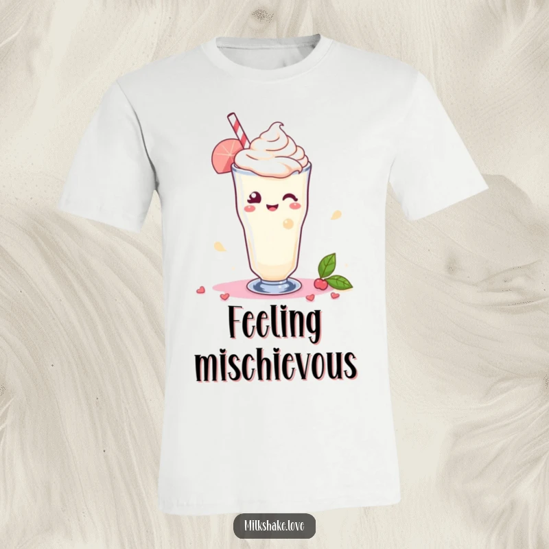 Funny T-Shirt with a Kawaii milkshake winking charmingly, accompanied by a vibrant swirl of delight for a playful look.