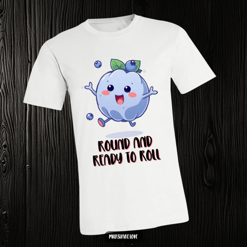 Funny Blueberry Bounce T-Shirt showcasing a plump, cheerful blueberry character in mid-bounce, symbolizing boundless energy and playful spirit.