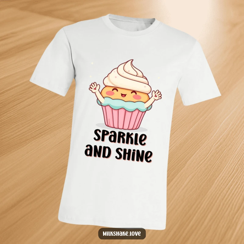 Funny t-shirt showing a blushing cupcake with tiny arms waving excitedly, radiating enthusiasm towards dazzling sparkles.
