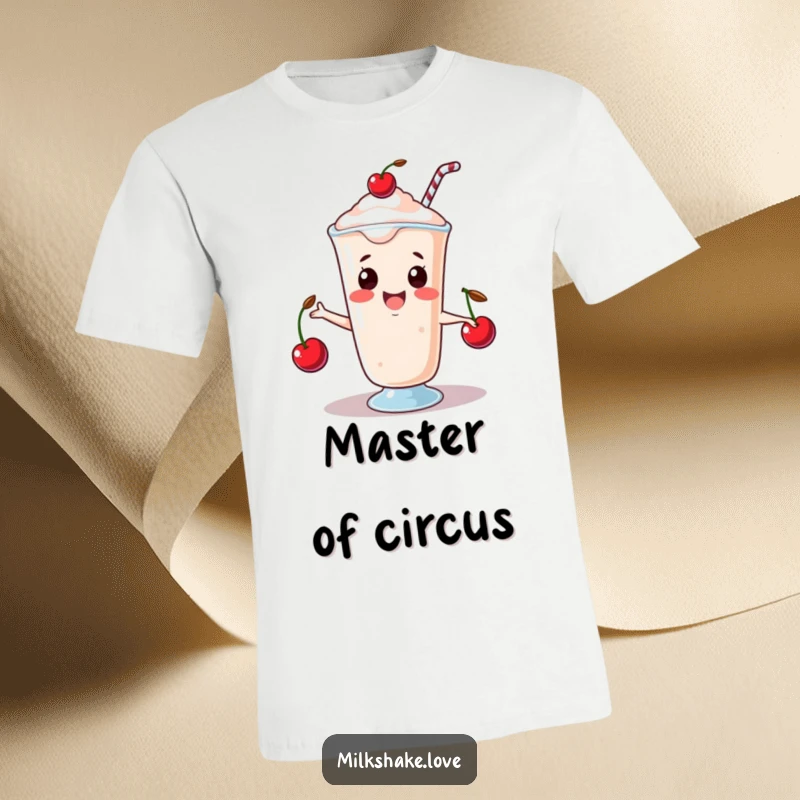 Funny T-Shirt depicting a happy kawaii milkshake juggling three tiny cherries, showcasing skillful and cheerful fun.