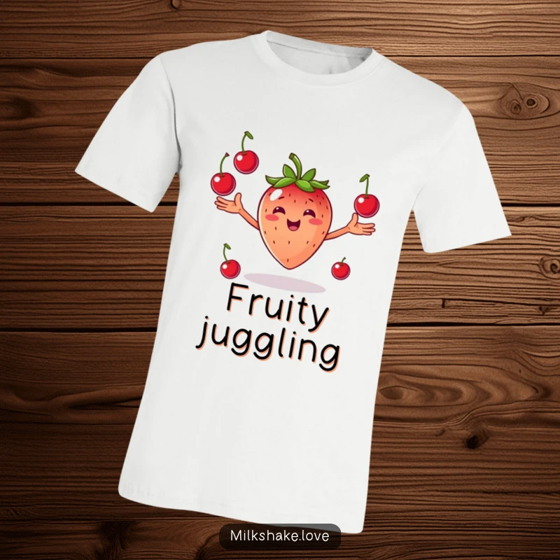 Funny Juggling Strawberry T-Shirt: A smiling strawberry with arms outstretched joyfully juggling cherries, a vibrant and fun design.
