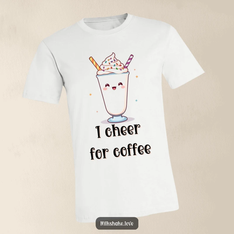 Funny Kawaii milkshake t-shirt, a vibrant design of a milkshake with toppings cheering enthusiastically, perfect for an energetic look.