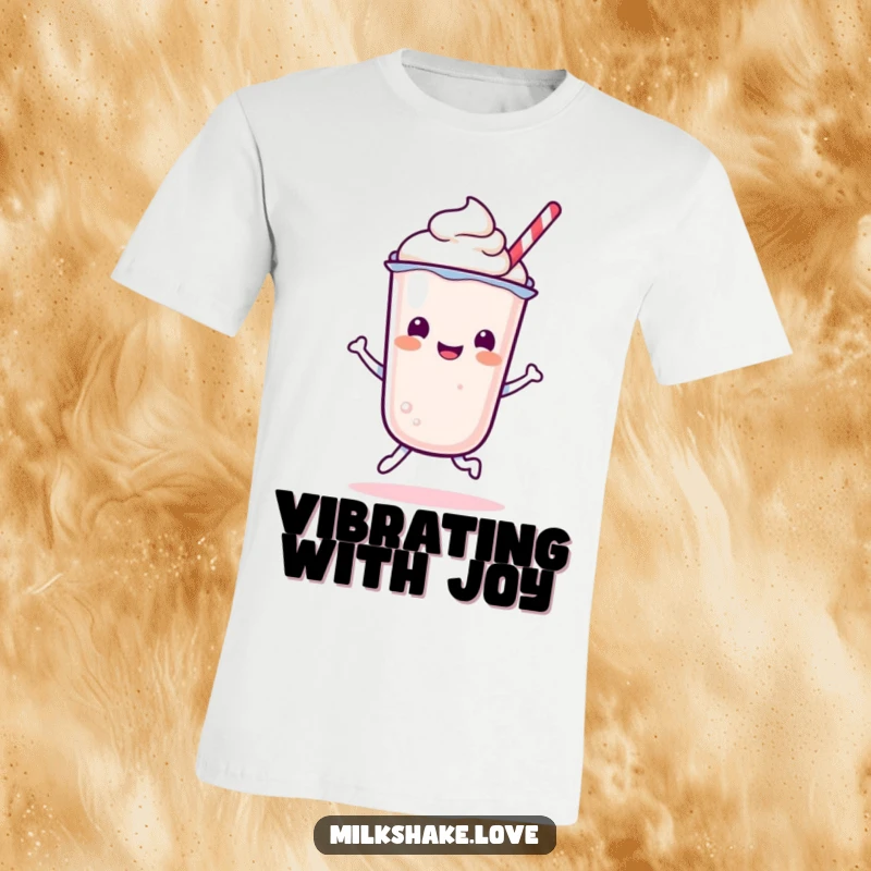 Funny Kawaii Milkshake character doing a joyful, energetic bounce on a comfortable t-shirt.