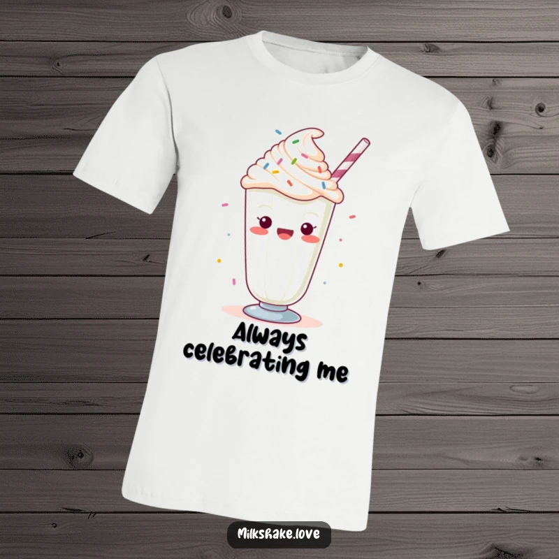 Funny Kawaii milkshake with whipped cream and sprinkles, cheering, printed on a t-shirt for festive and sweet fashion.