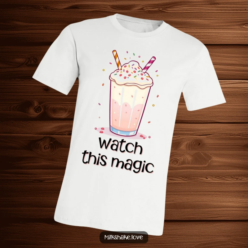 Funny milkshake t-shirt of a bubbly drink juggling tiny sprinkles with its surface, ideal for a fun gift.