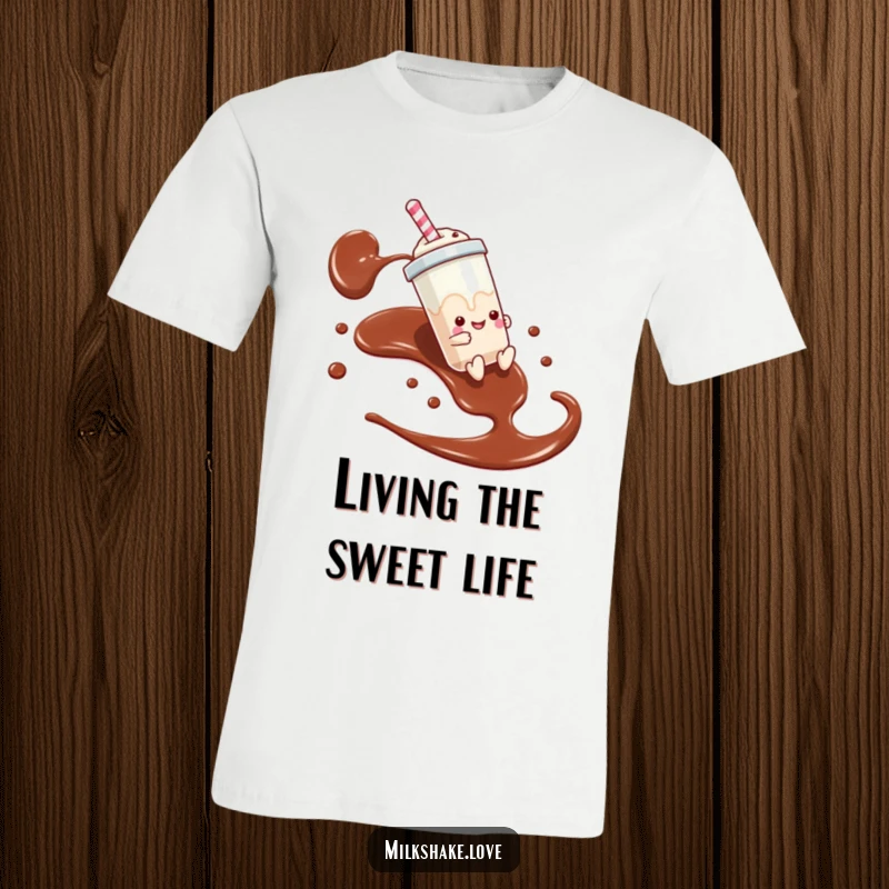 Funny t-shirt showing a milkshake person sliding down a chocolate syrup river, capturing hilarious motion and joy.
