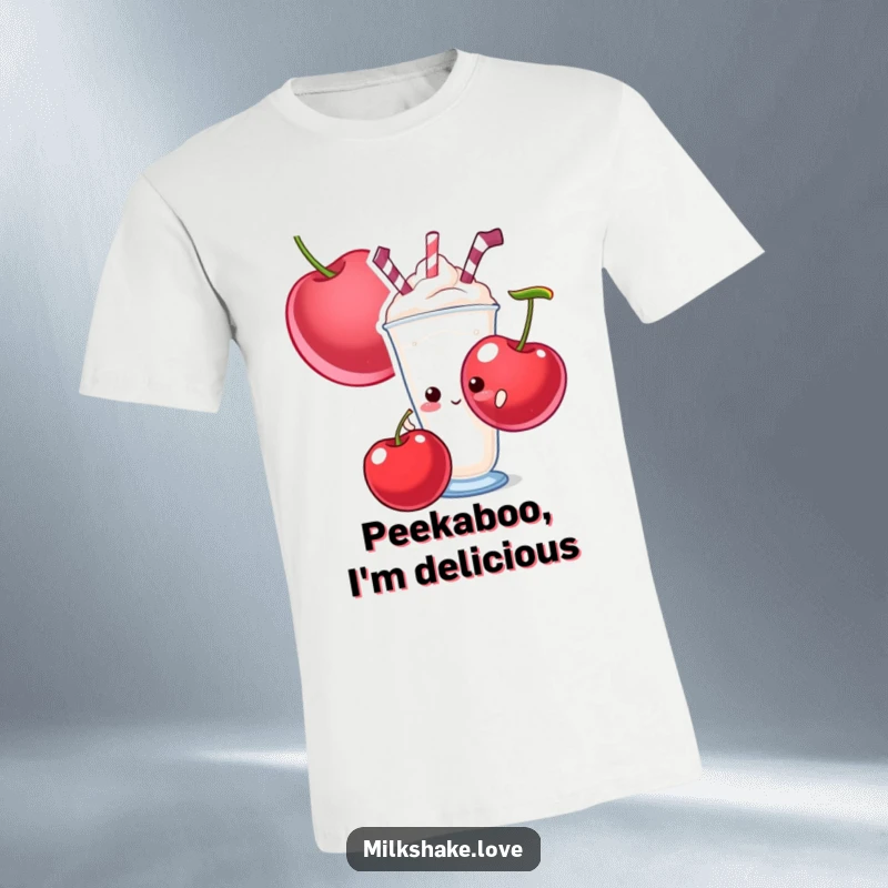 Funny t-shirt depicting a shy milkshake peeking from behind a huge cherry, illustrating a cute and bashful character.
