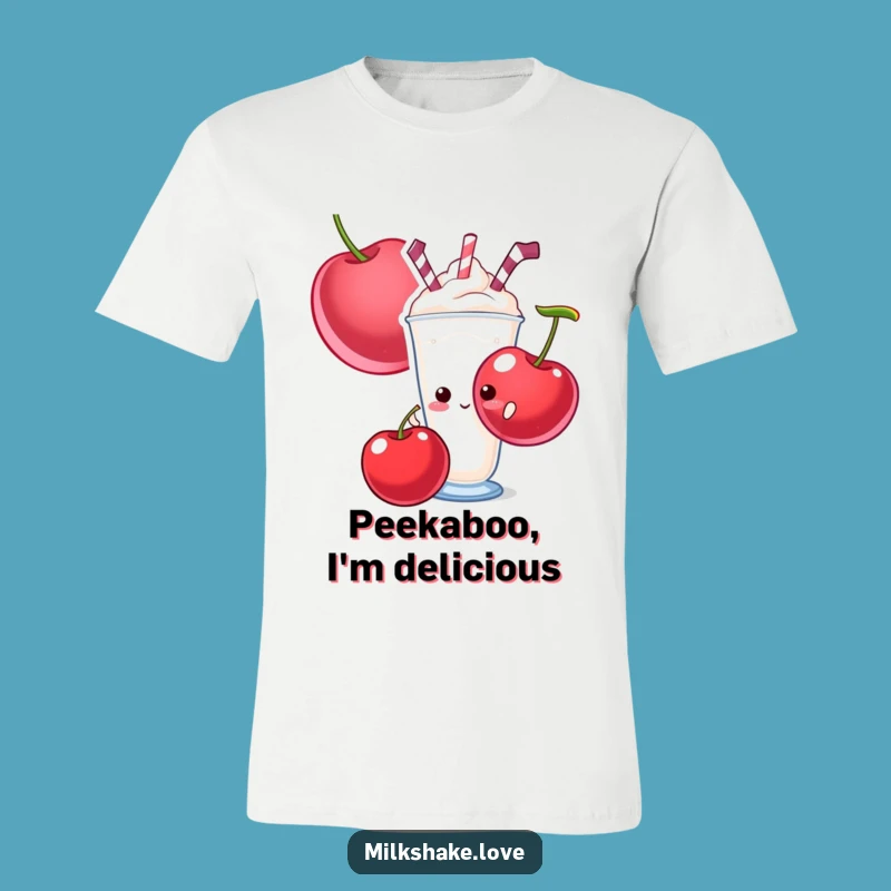 Funny Shy Milkshake T-Shirt - Giant Cherry Hide-and-Seek Tee