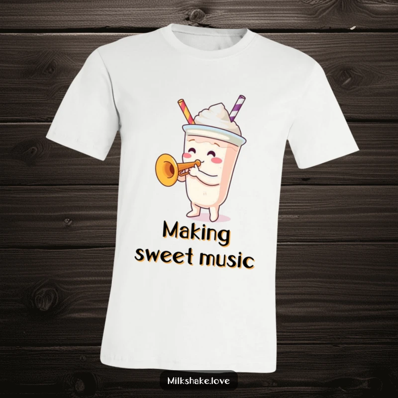 Funny T-Shirt: A charming milkshake cup character confidently playing a miniature trumpet, radiating a joyful and musical vibe.