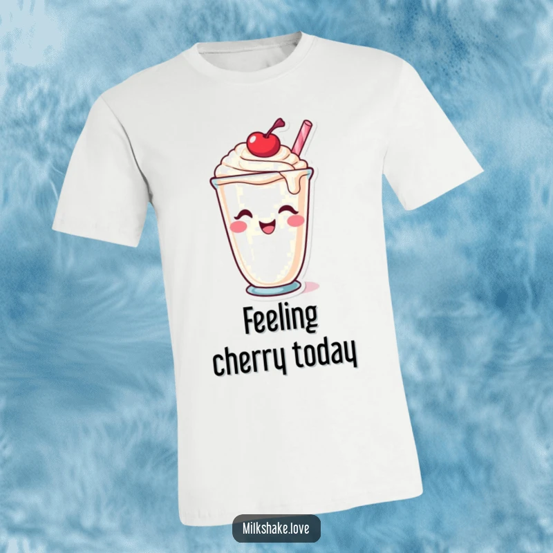 Funny T-Shirt: A delightful milkshake cup character giving a cheeky wink, topped with a cherry, radiating playful confidence.