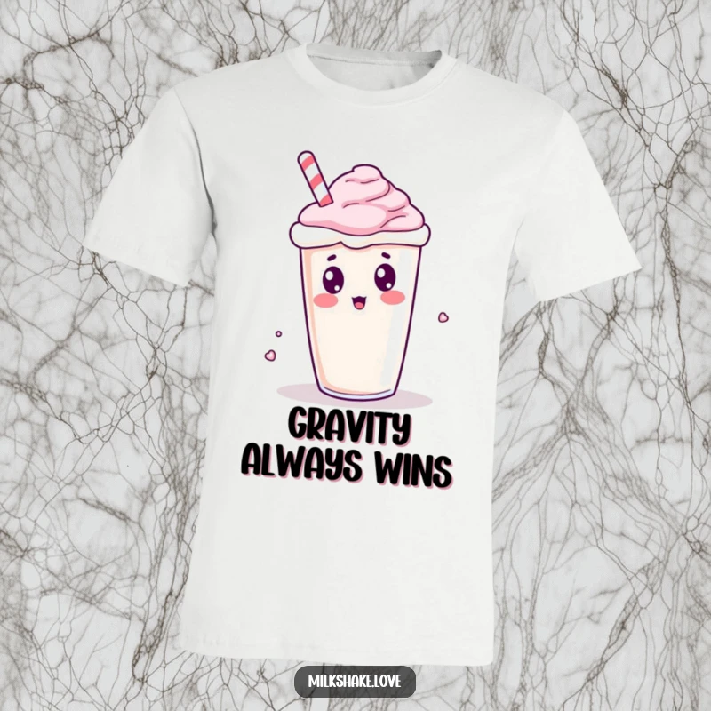 Funny Kawaii Milkshake T-Shirt: A surprised kawaii milkshake character tipping over and spilling, showing hilarious shock.