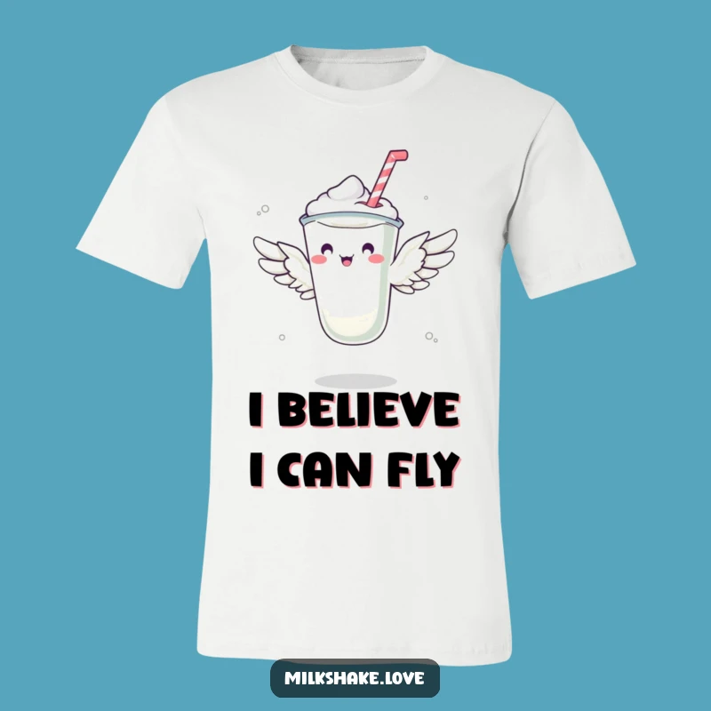 Funny Flying Milkshake T-Shirt: Hilarious Dessert's First Attempt at Flight Tee