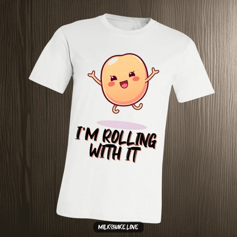 Funny t-shirt depicting a wobbly jelly bean with tiny legs doing an energetic cartwheel, full of sweet, playful energy.