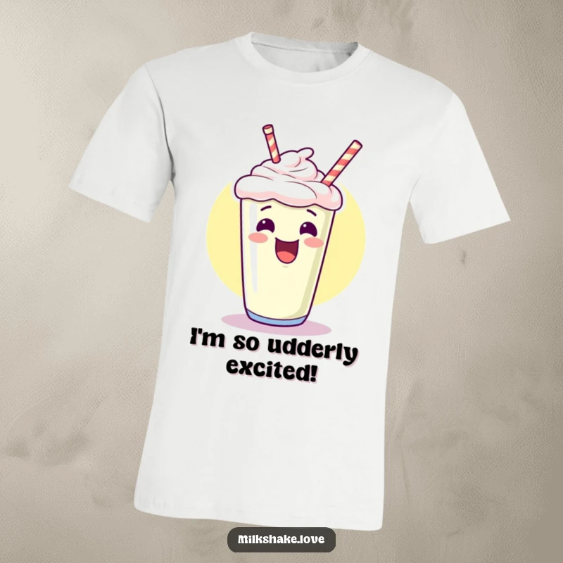 Funny kawaii milkshake t-shirt giggling and pointing upwards with an excited flourish, a humorous and cheerful graphic tee for all.